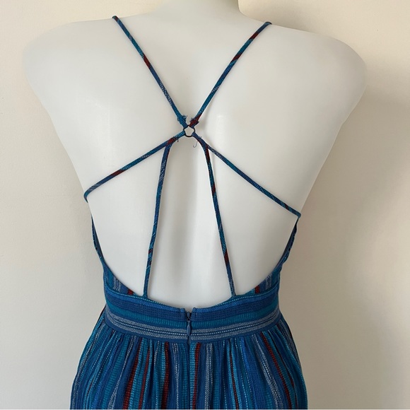 Ecoté Urban Outfitters Blue Striped Midi Dress Boho Beachy Ballet Wrap Straps 0 - Picture 6 of 16